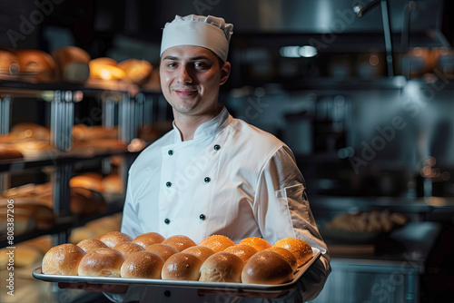 professional  chef in uniform holding baking tray with fresh buns, cook standing in commercial kitchen. small bisiness photo