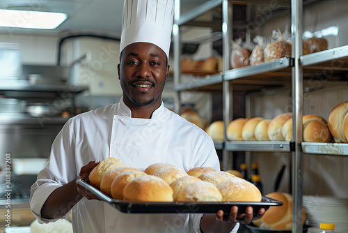 professional african amerikan chef in uniform holding baking tray with fresh buns, cook standing in commercial kitchen. small bisiness photo