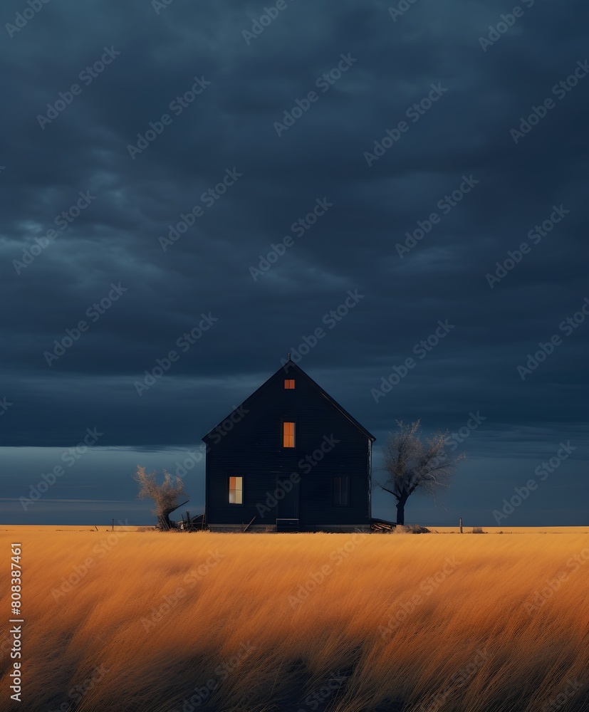 A dark and moody rural house under a stormy sky, set against a backdrop of overgrown fields, dramatic, atmospheric feeling, with heavy clouds looming overhead A dark and moody rural house under a stormy sky, set against a backdrop of overgrown fields, dramatic, atmospheric feeling, with heavy clouds looming overhead