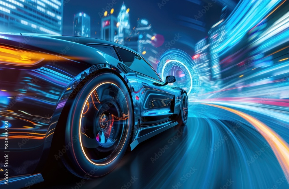 Electric car running at high speed against purple neon city background.