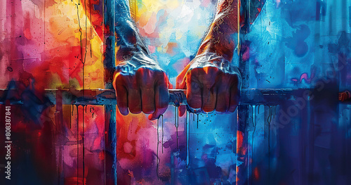 Hands Gripping Prison Bars Against a Colorful Background. Generated by AI photo