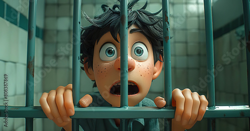 Terrified Young Boy with Wide Eyes Trapped Behind Jail Bars in a Cold, Tiled Room. Generated by AI photo