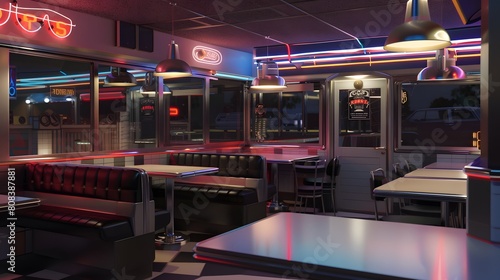 retro diner with chrome accents and neon lights flashing in the window