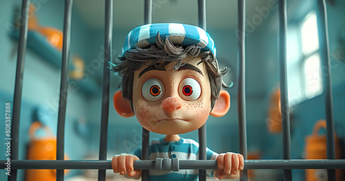 Sad Young Boy in Prison Uniform Stares Through Jail Bars with Big Eyes. Generated by AI photo