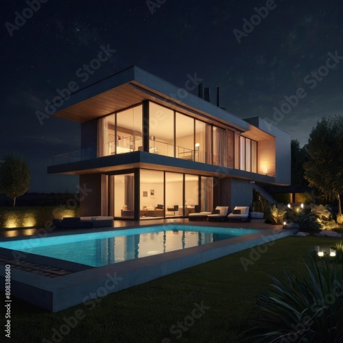 Modern House 3D Night Model © De Lune Studio