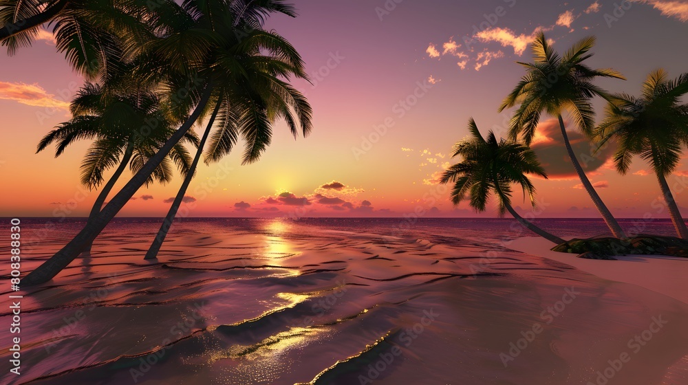 sunset beach scene with palm trees and a glowing horizon