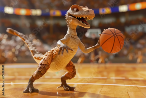 cartoon dinosaur playing basketball, 3d character for sports entertainment and advertising, olympic games