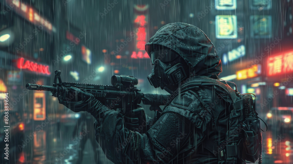 Φωτογραφία Soldier in futuristic black suit and mask holding gun on dark city street in rain, swat police on modern buildings background
