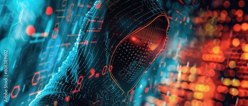 Hacker in futuristic suit on abstract digital background, pattern of data and information. Theme of network, cyber security, hack, technology,