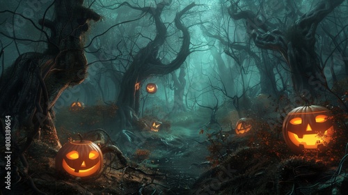 The ghostly silence of a haunted forest, with mist weaving through the hollow trunks of dead trees, and carved pumpkins flickering with spectral light. © Sasint