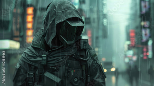 Police man in futuristic black suit and mask walks on dark city street in rain, swat soldier on modern buildings background. Theme of cyber future, military, cyberpunk