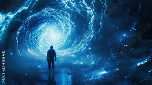 Man walks to futuristic space-time portal in dark, person standing against whirlpool of blue energy like in sci-fi movie. Concept of travel, people, light, science, future photo