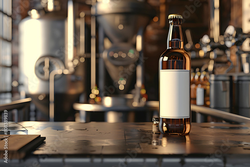 A sleek mockup showcasing a blank beer bottle and brewery equipment, suitable for presenting packaging designs for craft beer brands and breweries