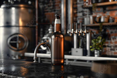 A sleek mockup showcasing a blank beer bottle and brewery equipment  suitable for presenting packaging designs for craft beer brands and breweries