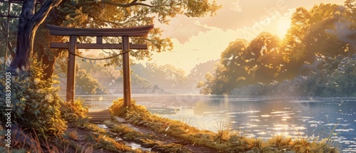 Picturesque scene of a sunset over a calm lake with a traditional torii gate and lush greenery. photo