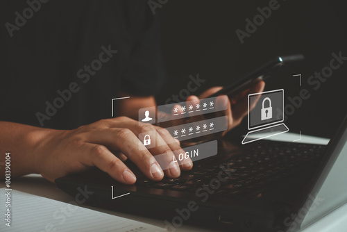 Cyber security concept. information security and encryption, secure access to user's personal information, data protection, secure Internet access technology. cybersecurity. user typing login password