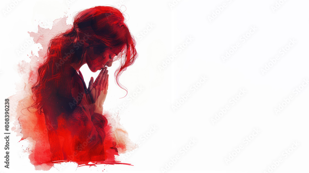 Fototapeta premium Red watercolor paint of A girl bowing her head in prayer to God
