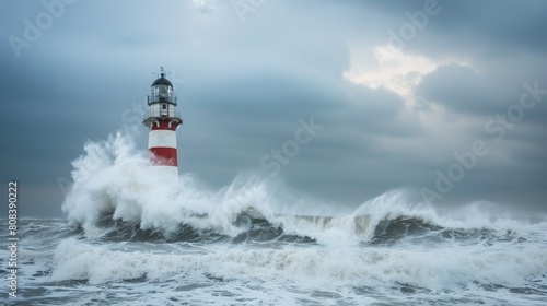 Storm waves over the Lighthouse in a cloudy day