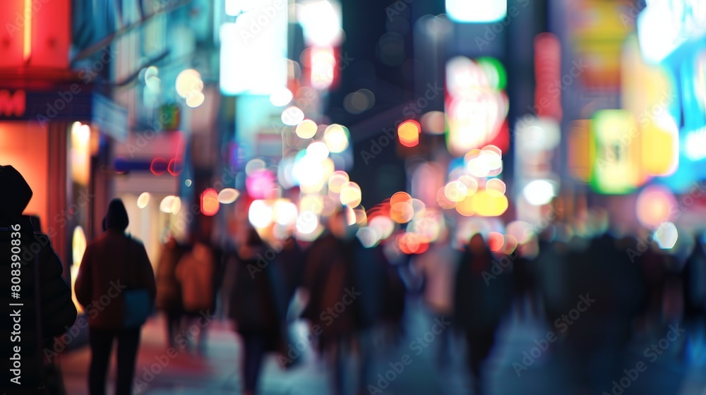 Bustling Urban Nightlife with Neon Bokeh Lights AI Generated.