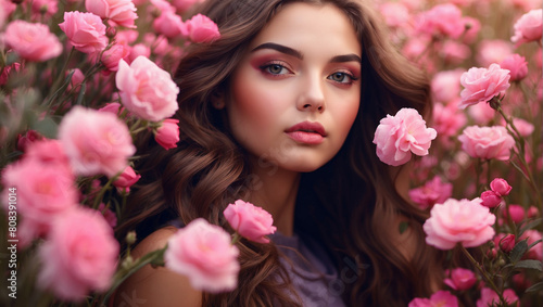 Close up beautiful model girl in a field of pink flowers