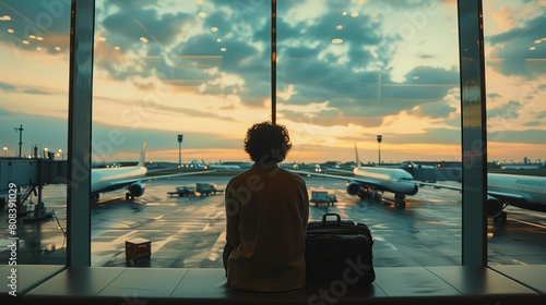 A traveler sitting on a bench in an airport lounge, gazing out the window at a row of airplanes while their suitcase rests beside them, ready for the next adventure © INT888