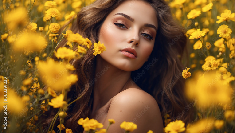 Close up beautiful model girl in a field of yellow flowers Close up beautiful model girl in a field of yellow flowers