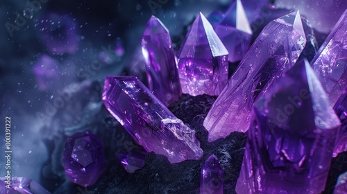 Amethyst purple crystal. Mineral crystals in the natural environment. Texture of precious and semiprecious gemstone  photo