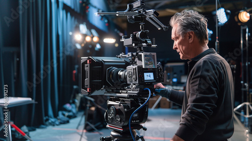 Video camera operator working with his equipment at indoor event. © Lapasrada