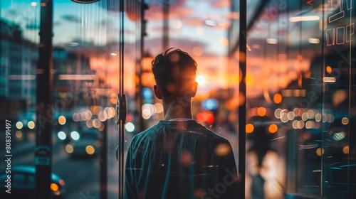 Young man looking at the city through the glass of a modern building