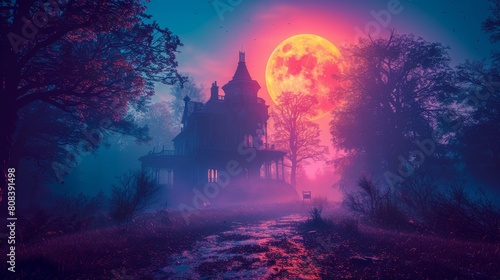 Spooky haunted house under a full moon 