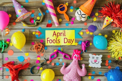 April Fools' Day Celebration with Prankster's Toolkit and Festive Decorations on Wooden Background