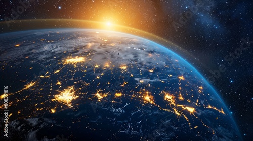Earth's vibrant cities, interconnected by advanced technology and the internet, form a glowing globe. This globalization fosters communication and unites people worldwide