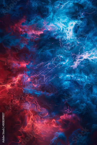 A bold and dynamic interaction of electric blue and bright red waves, swirling together in a forceful display that evokes the energy of a stormy sky.
