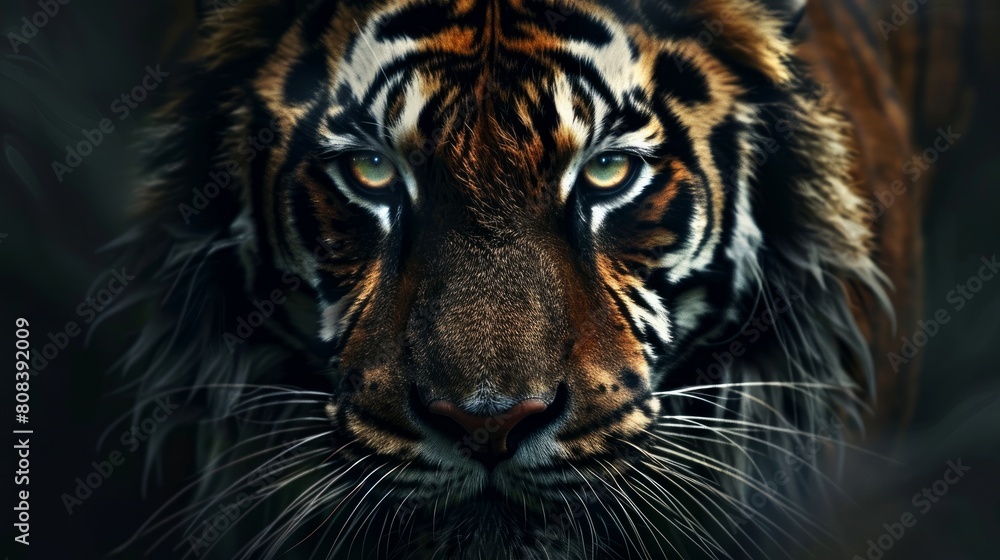 Fierce tiger's face glares from a dark abyss, captivating the viewer with its intense gaze Fierce tiger's face glares from a dark abyss, captivating the viewer with its intense gaze
