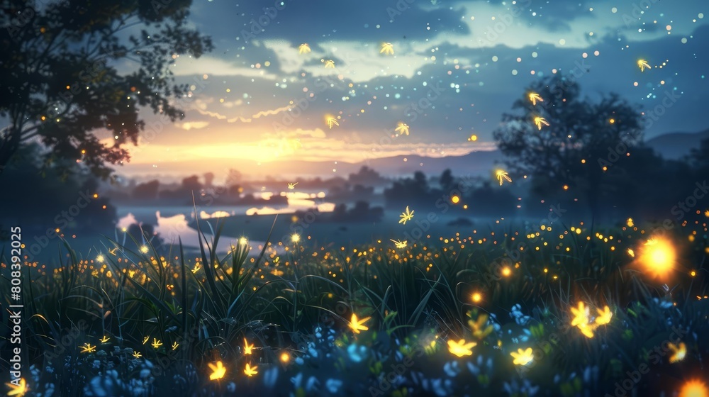 Capture a mesmerizing scene of fireflies dancing at twilight from a unique worms-eye view Illuminate the glowing insects against the darkening sky in a blend of soft