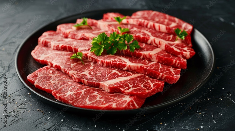 Sliced raw marbled beef on a dark plate garnished with parsley Sliced raw marbled beef on a dark plate garnished with parsley