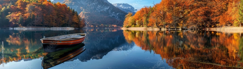 Serene boat on a mirror-like lake with autumn trees panoramic shot