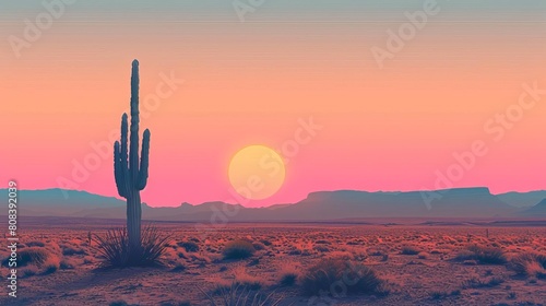 Capture a minimalist desert landscape with a panoramic view, featuring a solitary, majestic saguaro cactus under a blazing sun Emphasize clean lines and a serene color palette © Nawarit