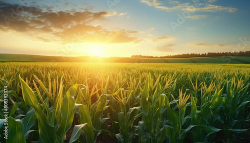 Cornfield landscape with sunrise in the background.