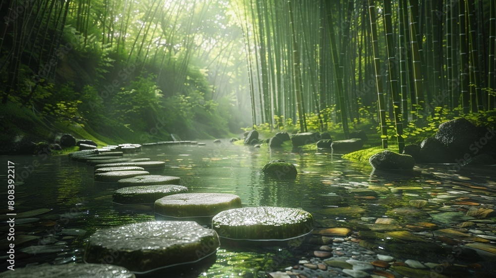 Mid-ground shot of a tranquil bamboo forest diffused light filters through Mid-ground shot of a tranquil bamboo forest diffused light filters through