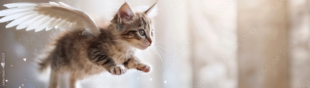 Playful kitten with angelic wings floating mid-air against a plain background Playful kitten with angelic wings floating mid-air against a plain background