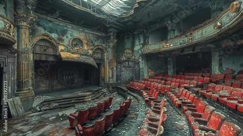 Capture the grandeur of an abandoned theater interior in photorealistic detail