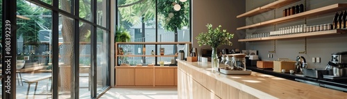 Sleek cafe interior with natural light flooding through large windows wooden counters and shelves neatly arranged photo