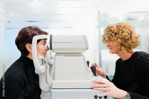 Ophthalmologist using digital autorrefractometer with patient. Oculist checking vision to elderly woman