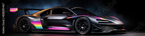 Racing car flaunts aerodynamic body kit upgrades against energetic outdoor backdrop  exuding speed