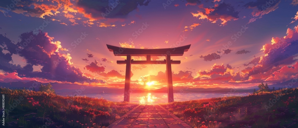 Fototapeta premium Golden sunset over a tranquil lake with a torii gate surrounded by lush flora.
