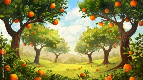 Orange garden with oranges in spring time. Trees with fruits photo