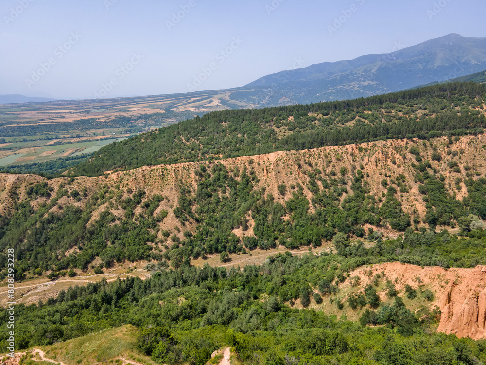 Aerial view of rock formation Stob pyramids, Bulgaria