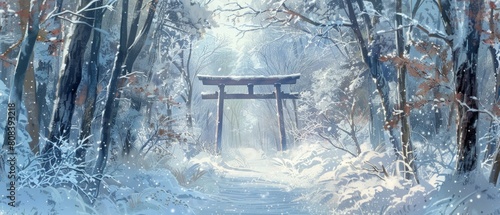 Snow blankets a secluded path leading to a traditional torii gate in a serene forest.