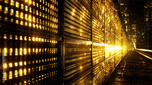 A long line of golden computer screens with a city skyline in the background